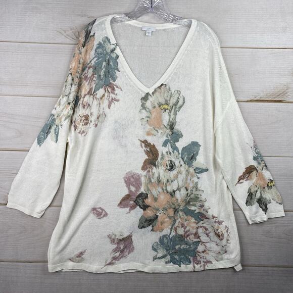J Jill Sweater Womens XL Linen Blend White Floral Boho Tunic Open Knit Relaxed - Picture 1 of 8